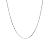 Fine jewellery, silver jewellery, hypoallergenic, tarnish-free. Close up detail of Silver snake chain necklace on a white background